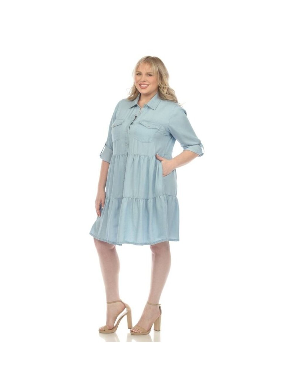 White Mark Plus Size 3X Long Sleeve Tiered Midi Shirt Dress Denim Blue MSRP $79